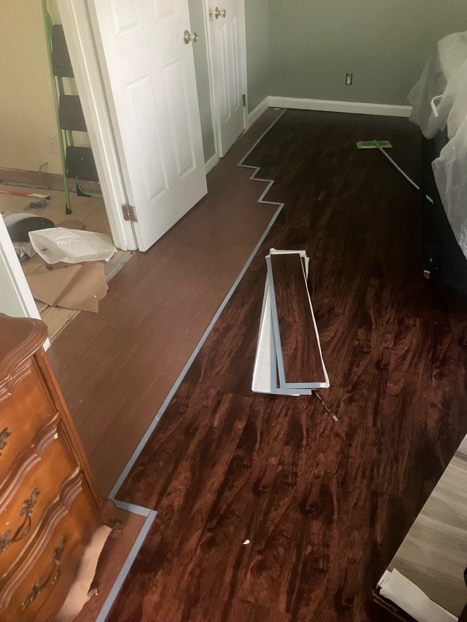 A wide shot of installed flooring.